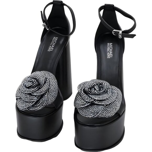Michael Kors Elodie Rhinestone Flower Platform Sandals Black Women US 5.5M - Picture 5 of 6